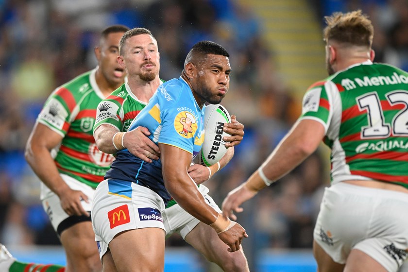Mo Fotuaika with the ball for the Gold Coast Titans.