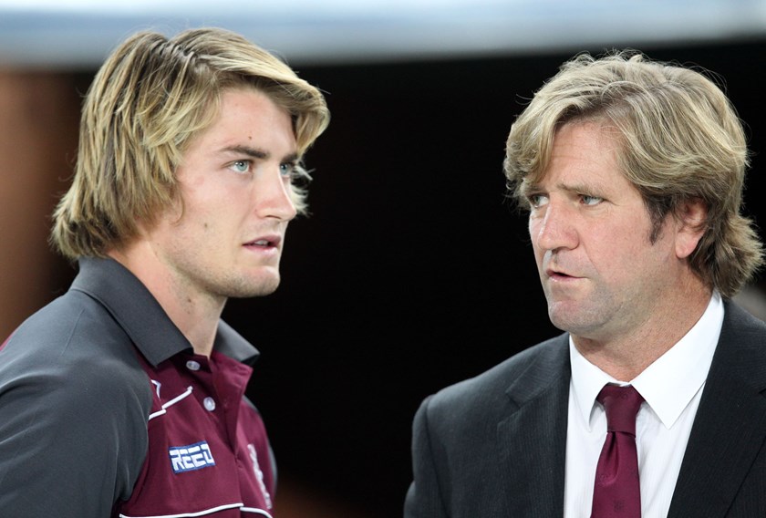 Kieran Foran and Des Hasler in their younger days with Manly.