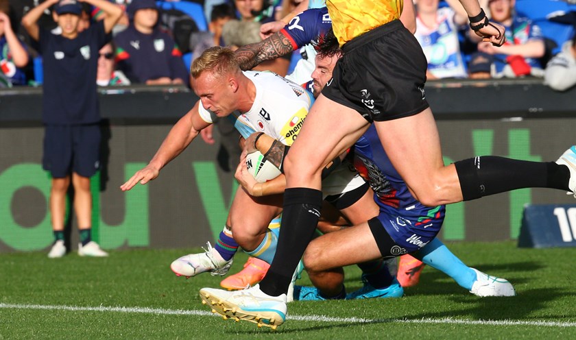 Tanah Boyd scored a try and kicked four goals while playing for the Titans in their Round 8 win over the Warriors in 2024.