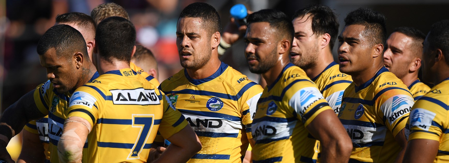 The Parramatta Eels side looking dejected after conceding a try against Manly.