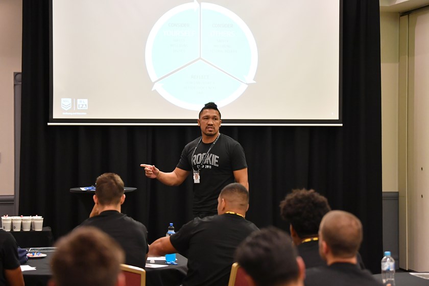 Clinton Toopi speaks to young players as part of his work with the ljmpta.community team.