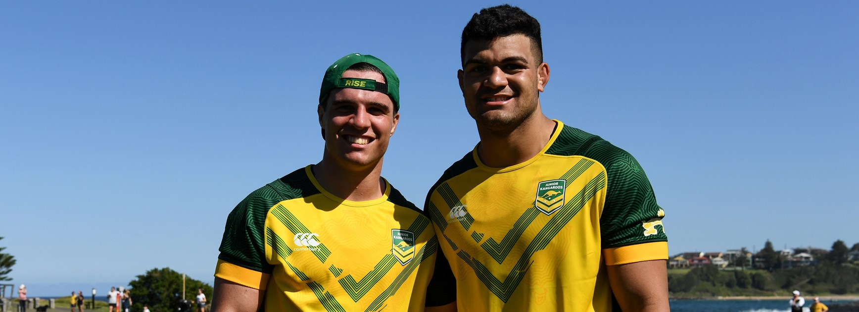 Junior Kangaroos vice captain Brodie Croft and captain David Fifita.