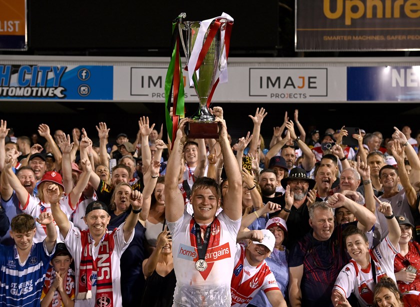 An emotional Welsby celebrates with St Helens fans after their WCC triumph