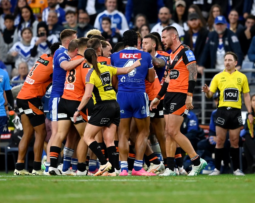 Referee Kasey Badger tells David Klemmer to leave the field after earlier being sinbinned.