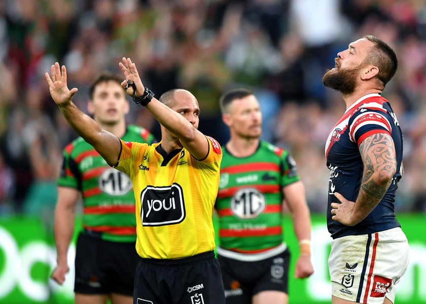 Ashley Klein sends Jared Waerea-Hargreaves to the sinbin during the 2022 finals series