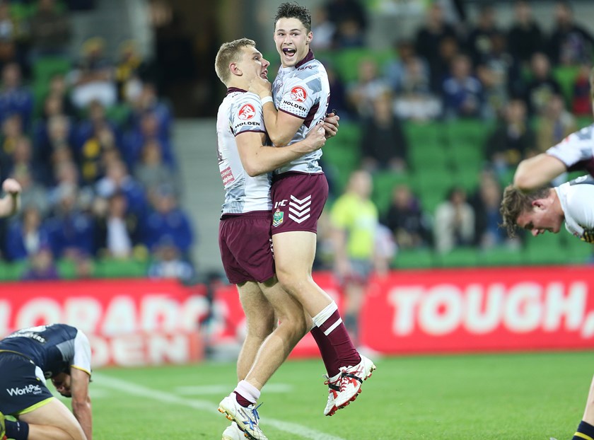 A young Nicho Hynes and Tom Trbojevic celebrate an U20s win with Manly in 2015