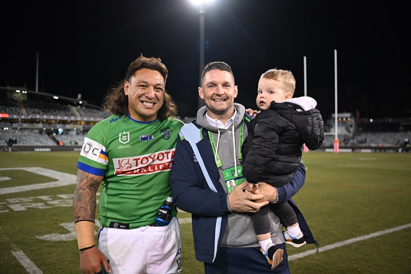 Josh Papalii with Jarrod Croker - the namesake who Jason Croker previously thought was going to break his appearance record for the Raiders.