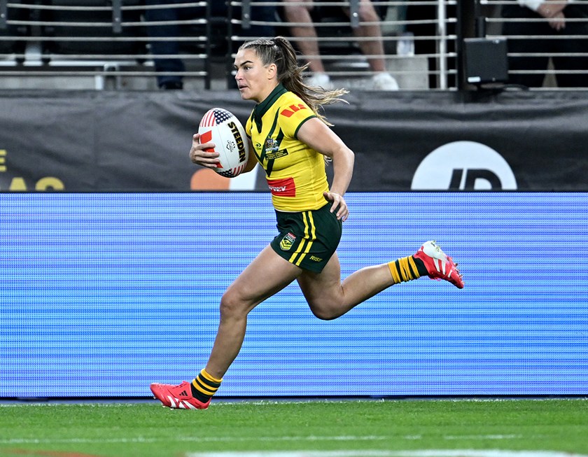 Jakiya Whitfeld grabbed one of the Jillaroos' 17 tries in Las Vegas.