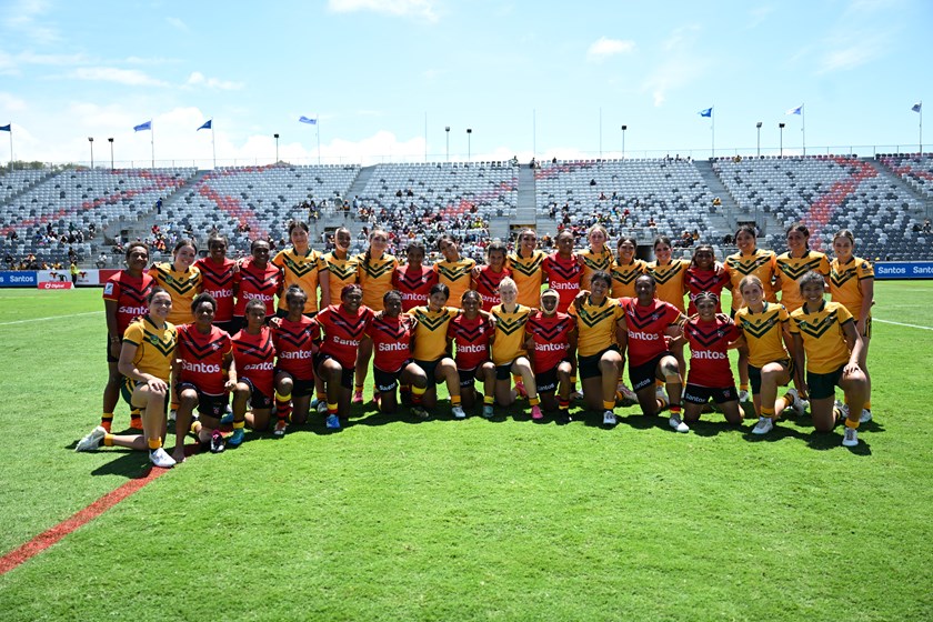 PNG's Junior Orchids and Australian Schoolgirls teams come together after their 2024 match, won 14-4 by Australia.