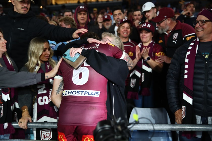 Cameron Munster embraces his mother Debbie after leading Queensland to victory in the 2025 Origin series decider.